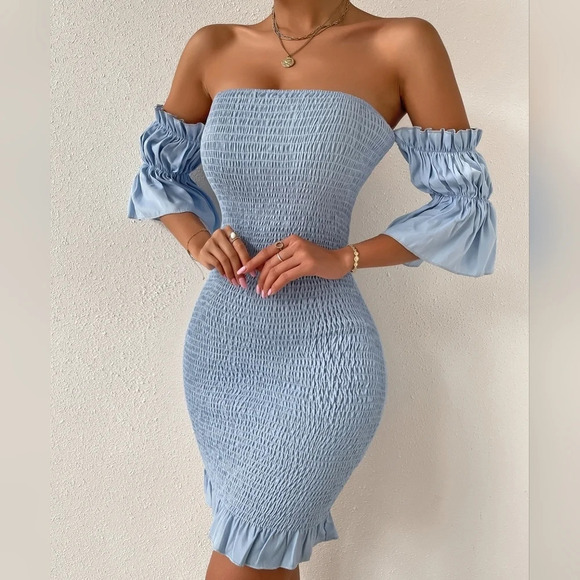 Off Shoulder Flounce Sleeve Shirred Ruffle Hem Bodycon Dress - Picture 1 of 5